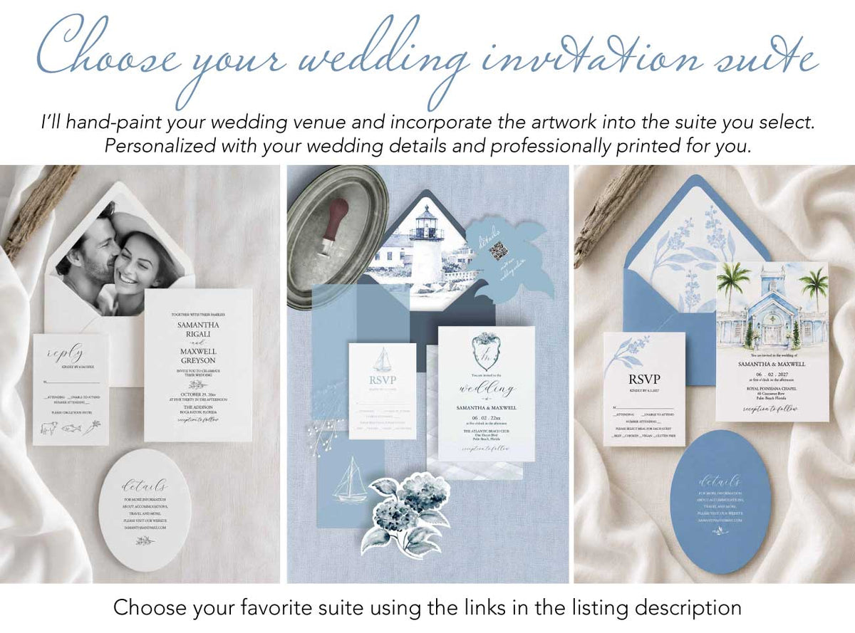 A promotional collage showing three coordinated watercolor wedding invitation suites with blue and white nautical, floral and venue designs, including watercolor invitations, envelopes & envelope liners, and semi custom wedding stationery, arranged on draped satin fabric with descriptive text above and below.