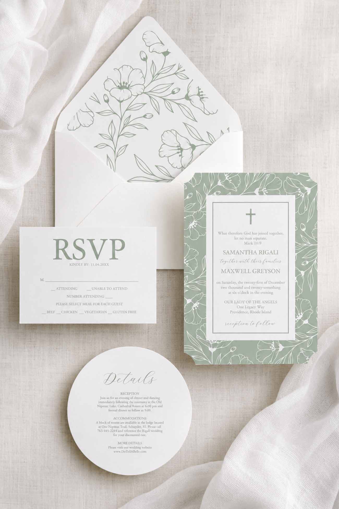 Wedding Invitations Catholic in Sage Green with Floral Accents