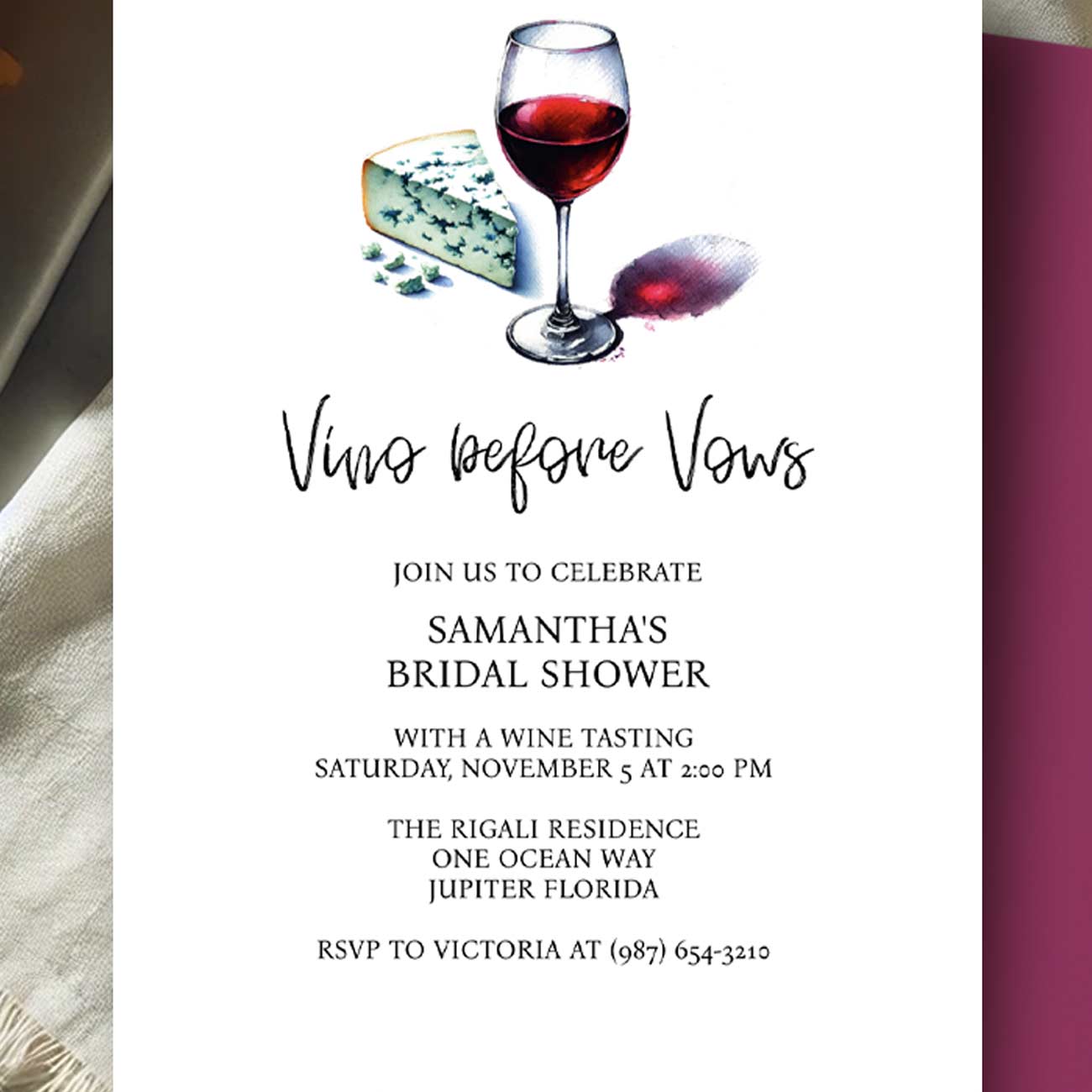 Wine Bridal Shower Invitation — Includes Free Matching Envelope Liner