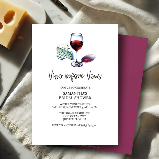 Bridal shower invitation with wine glass and cheese illustration on a marble surface.