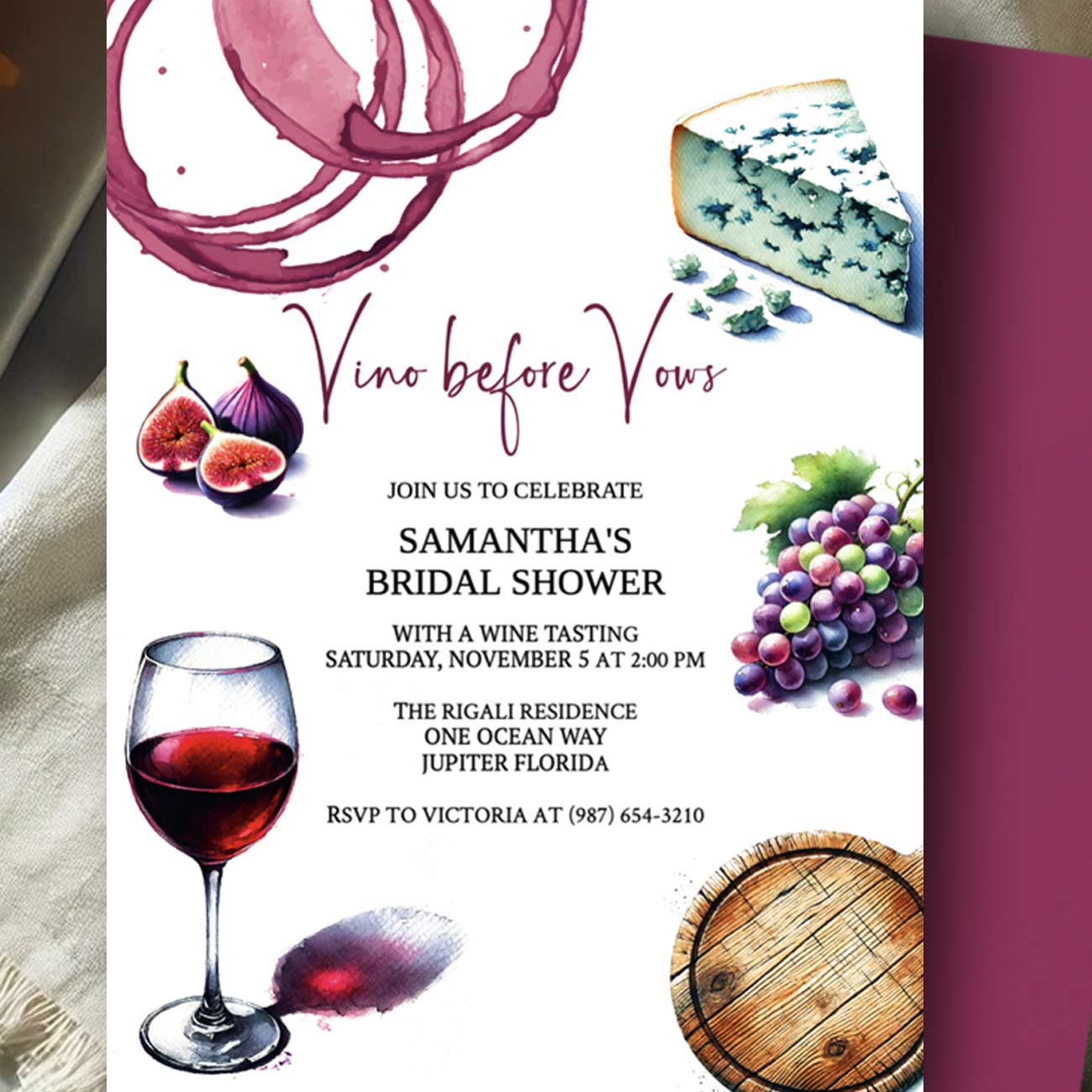 zoomed wine bridal shower invitations online editable in Templett and printable. 